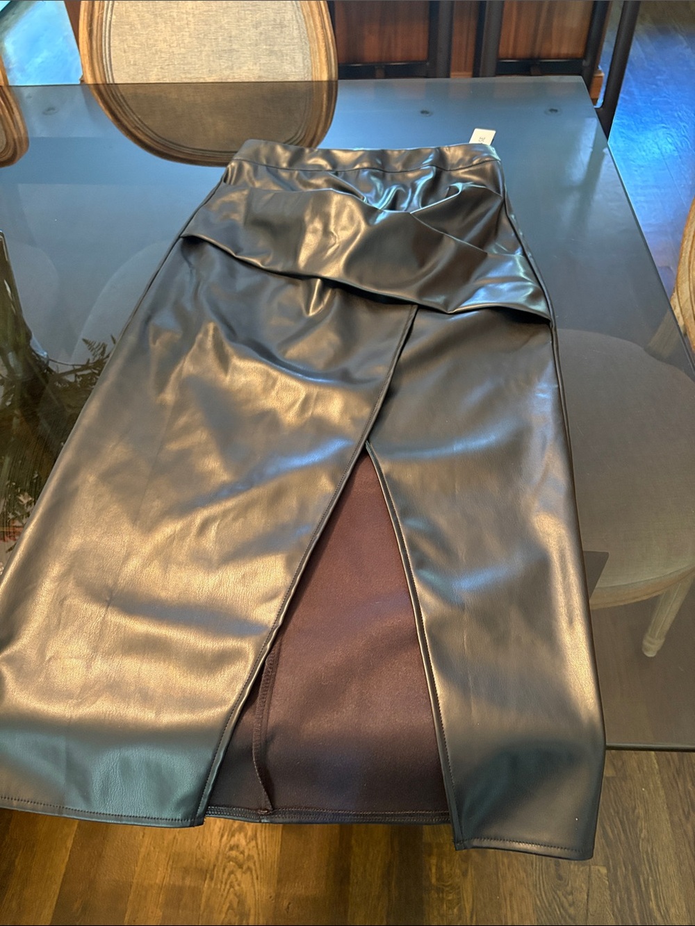 Commense Black Faux Leather Pencil Skirt with Front Split